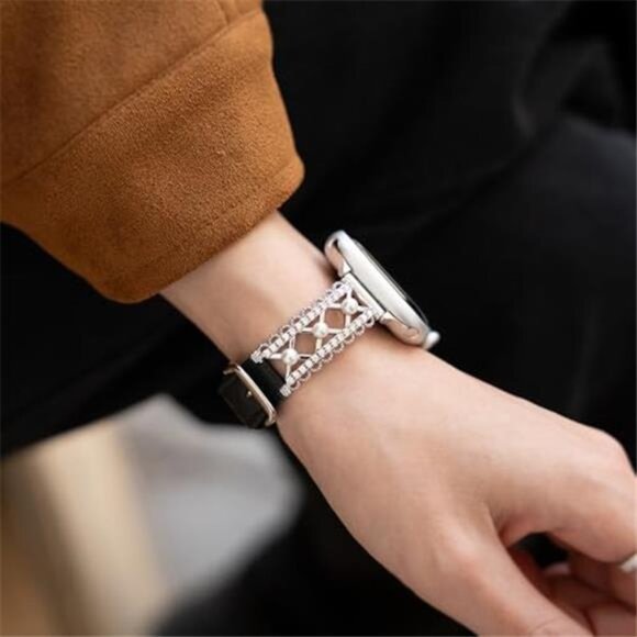 NEW Black/Gold Leather Pearl Apple Watch Band main image 5